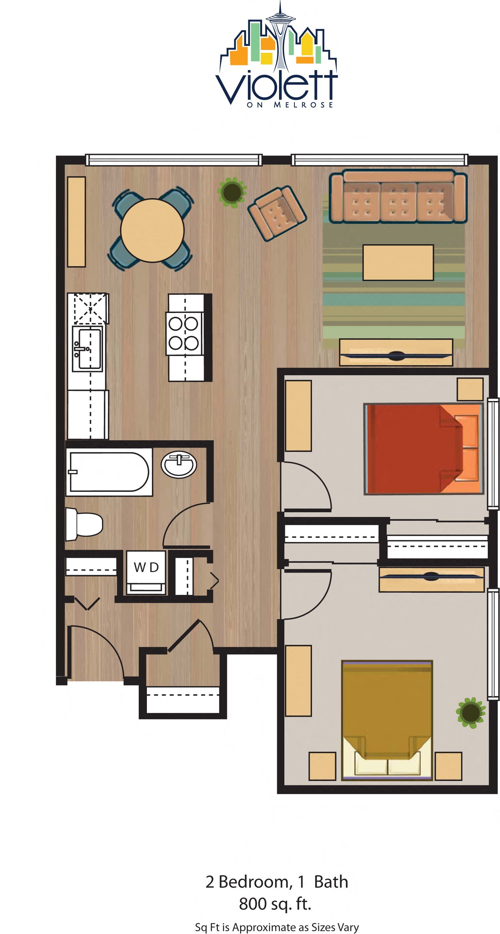Floor plan for 2 beds, 1 bath, 858 sqft